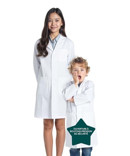 Bella Bloom Blouse de laboratoire unisexe pour enfants, tissu résistant, plusieurs poches, fermeture à boutons-pression de sécurité (10-12 ans)