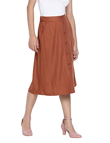 Image of oxolloxo Women Regular Fit Cotton Pencil Solid Casual Coral Skirt