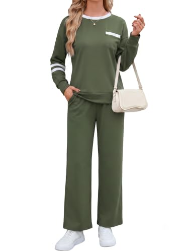 Image of Famulily Women 2 Piece Outfits Fall Winter Tracksuit Full Set Army Green S