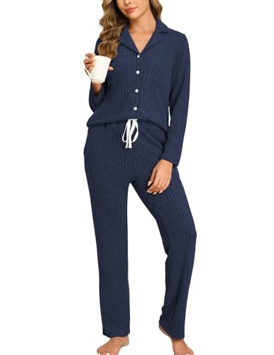 Image of Veseacky Women's Ribbed Knit Pajamas Set 2 Piece Warm Soft Loungewear Sleepwear Pjs S-XXL