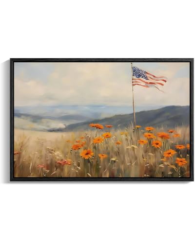 Image of American Flag Framed Canvas Wall Art, 4th of July Floral Canvas Prints, Wildflower Meadow Landscape Patriotic Decorations, Vintage Rustic Independence Day Wall Decor for Bedroom Living Room 8x10