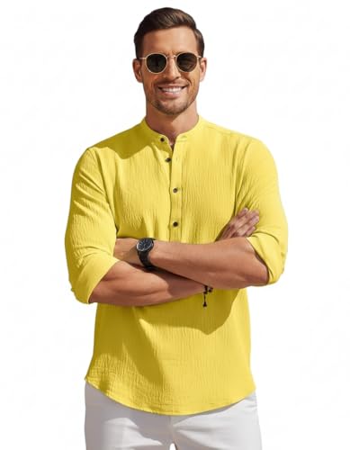 Image of Men's Cotton Blend Straight Kurta Shirt with Mandarin Collar - Slim Fit Casual Short Kurti Featuring Textured Slub Fabric and Roll-Up Full Sleeves
