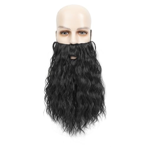 JBCHUCI Men Long Curly Wizard Beard with Elastic Band, Old Man Long Fake Beard Costume for Theater Cosplay, Halloween and Christmas Party (Black)