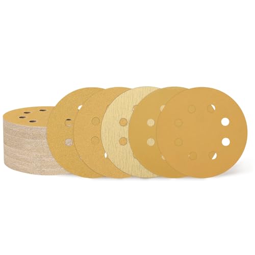 QUARKZMAN 60pcs 125 mm 5' Discos de Lijado 8 Agujeros 60/80/120/220/320/400 Grano Lija Papel Gancho Bucle Lijadora Orbital Aleatoria Almohadilla para Carpintería Automotriz Metal, Dorado