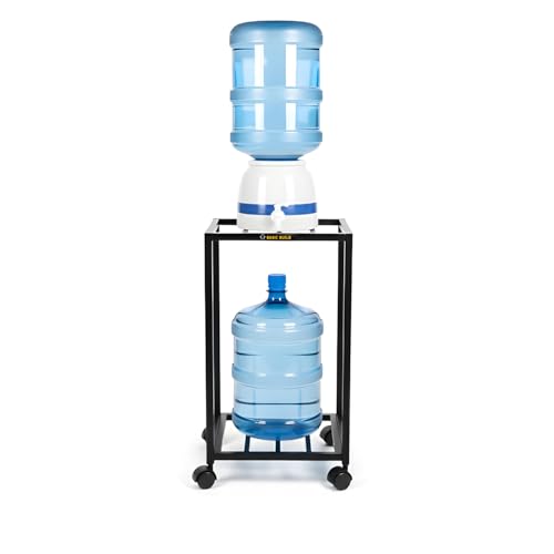 Image of 2-Tier Metal Water Dispenser Stand with Lockable Wheels ? Heavy-Duty Black Frame Cart for 20?25L Bottles, Cans & Jars | Multifunctional Kitchen & Home Storage and Mobility Solution (Black)