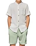 Arshiner Boy's Summer Beach Outfits 2 Piece Short Sleeve White Shirt and Green Shorts Vacation Texture Sets for Kids 9-10 Years