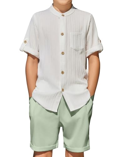 Image of Arshiner Boy's 2 Piece Beach Outfit Short Sleeve Textured Button Down Shirt and Short Sets Summer Vacation Wear 4-12 Years