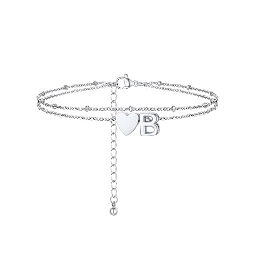 PROSTEEL Women Heart Anklet, A-Z Letter Initial Ankle Bracelet, Adjustable Double-Layer Foot Chain for Beach Summer, Silver/Gold Plated 316L Stainless Steel (with Gift Box) Silver - B