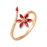 Beydodo Anillos de Boda de Oro Rosa de 14K Mujer con Flor con Rubí Creado de 0.27ct y Moissanita, Anillos Oro Rosa Mujer Promesa, Talla 26(66mm)