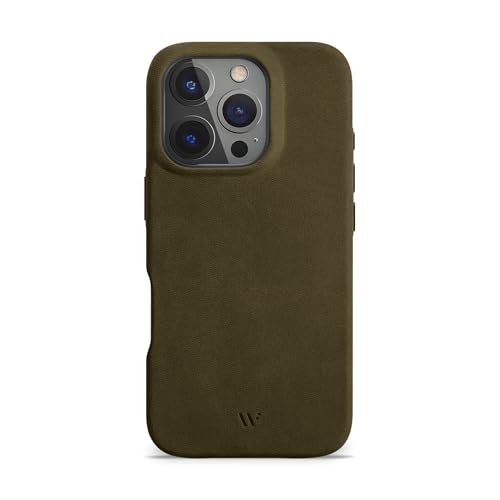 WIIUKA Etui do iPhone 16 Pro, skóra z Niemiec, skórzane etui bardzo cienkie, etui premium na telefon komórkowy, Case, Qi, vintage, zielono-oliwkowe