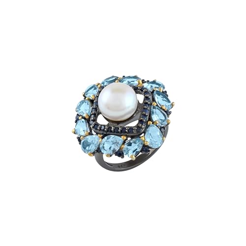 Bague topaze bleue en rhodium noir et or, bijou d'exception ajustable de créateur pour femme
