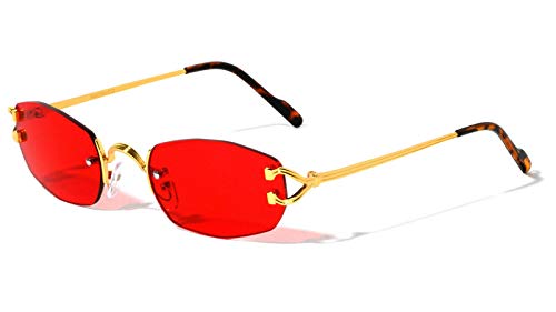 Dweebzilla Savant Slim Rimless Geometric/Oval Luxury Sunglasses (Gold Metallic & Tortoise Frame - Red Lenses)