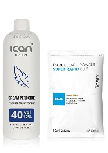 Ican London Lot avec crème peroxyde professionnelle, 40 volumes 12 %, 250 ml, et poudre décolorante bleue rapide, 100 g