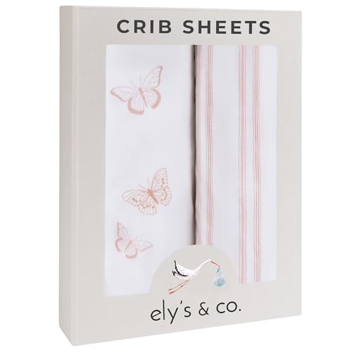 Image of Ely’s & Co. Crib Sheets, Baby Girl Fitted Crib Mattress Sheet Set, 2 Pack, 100% Jersey Knit Cotton, Infant and Toddler Nursery Bedding, Pink Butterfly + Stripes Print, 28” x 52”