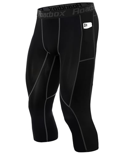 Roadbox Mens 3/4 Compression Pants with Pockets, 1/2 Pack Athletic Running Legging Tights, Workout Basketball Gym Base Layer