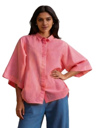 Image of Shirt for Women | Casual Button Down Long Sleeve Blouse | Oversized Striped Loose Fit Cotton Top with Pocket | Trendy Collar Aesthetics & Streetwear Tunics(34-S-1-5)