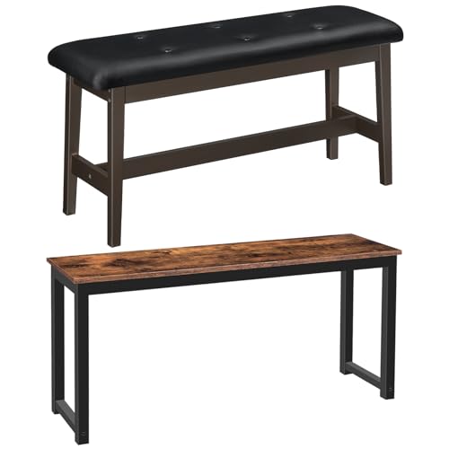 HOOBRO Dining Bench Bundle, Pair of 2 Benches, Industrial Style Indoor Benches,Bamboo Dining Room Bench with PU Leather Upholstered Seat, for Kitchen, Dining Room, Living Room BF01CD01-CB13CD01