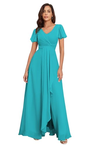 Amazon.com: CMISDAC Petite Aqua Blue Bridesmaid Dresses with Sleeves  Ruffled Pleated Split A-Line Long Maid of Honor Dresses with Pockets Size 0  : Clothing, Shoes & Jewelry