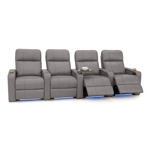 Image of Seatcraft Monterey Home Theater Seating Gray Row of 4 | Italian Leather, Wall Hugger, Zero Gravity, Powered Headrest, Power Recline, Zero Gap, USB charging