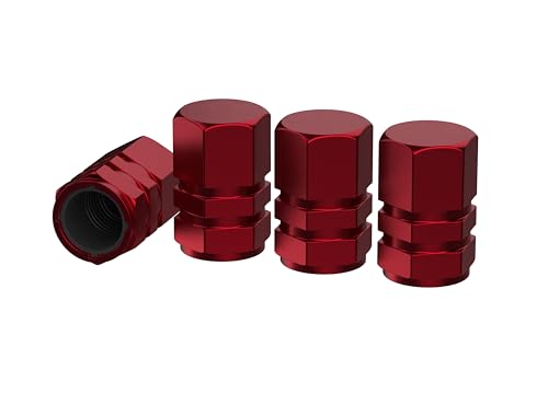 Tire Valve Stem Caps - 4 Pack - Anodized Aluminum - Corrosion Resistant - Cars Trucks Motorcycles SUVs and Bikes - Universal Hexagon Designed stem caps by Vexzu (Red)
