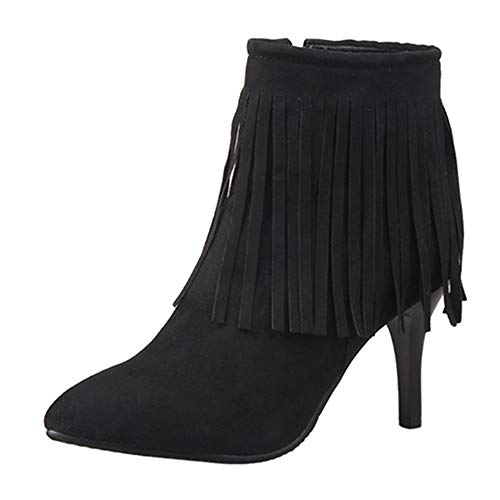Image of Mo Joc Women Sexy Ankle Tassel Boots with Stiletto Heels and Pointed Toe Black