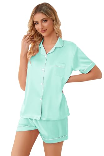 Image of Schbbbta Girls Womens Pajamas, Satin Silky Pjs Set Kids 2Pcs Button-Down Nightwear Sleepwear Gift for Mommy and me