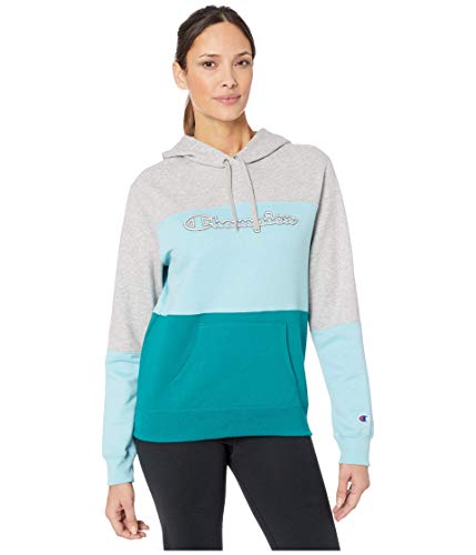 Champion Powerblend Color Blocked Hoodie Oxford Grey Heather Amazing Aqua Jade XS