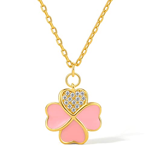 ZHOU LIU FU Kette mit Anhänger, 925 Sterling Silber Damen Halsschmuck mit Zirkonia synth 40+5 cm Kommt in Schmuck Geschenk Box for Weihnachten Blume Gras Blatt (Rosa Vierblättriges Kleeblatt) Cover