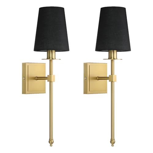 XiNBEi Brass Wall Light Set of 2 Hardwired Bedroom Wall Lamp with Black Fabric Shade, Decorative 1 Light Sconce Lighting for Entry Living Room Hallway NL-W1307-BS