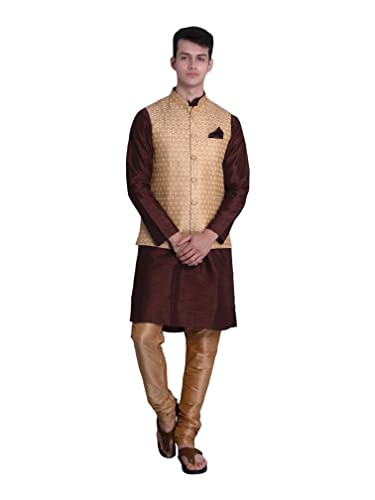Image of Uri and MacKenzie Men's Silk Blend Regular Kurta Churidar Pyjama with Bundi Nehru Jacket /Waistcoat