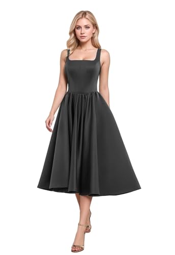 A-Line Tea Length Party Dress for Women, Pleated Satin Formal Evening Dress Prom Gown Wedding Gown
