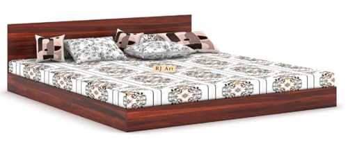 Image of Wooden Low Height King Size Bed Without Storage | Wooden Platform Double Bed | Space Saving Low Floor /Lying /Rise /Level /Profile Cot Bed for Bedroom | Basic Headboard, Honey Finish