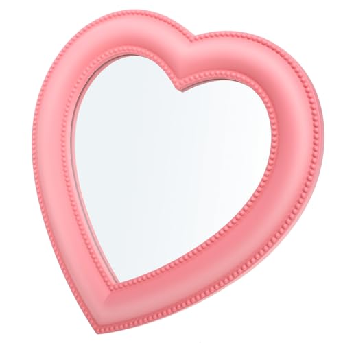 PAMINGONO Espejo de Maquillaje Forma de Corazón con Soporte para Mesa y Pared Espejo Cosmético Decorativo para Niñas Diseño Creativo y Estable Color Rosa
