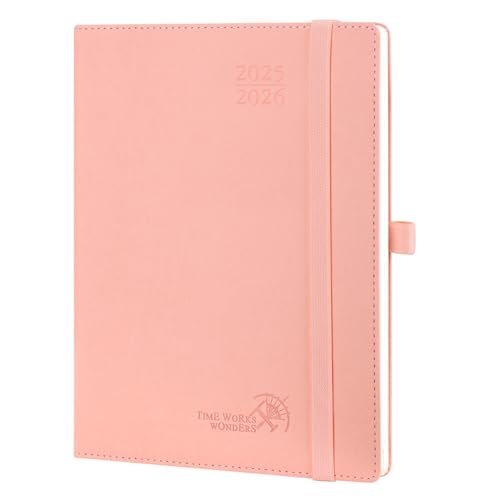 POPRUN Agenda 2025 2026 Semana Vista 22 x 16,5 cm, Semanal 17 Meses de Ago.2025 a Dic.2026, Tapa Blanda en Cuero Vegano, Porta Boligrafos Autoadhesivo, 80 GSM Papel, Rosado