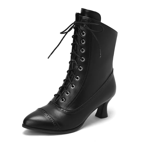 Seborluys Victorian Boots for Women Vintage Granny Boots Renaissance Witch Ankle Boots 70s Lace Up Booties Low Heel with Zipper
