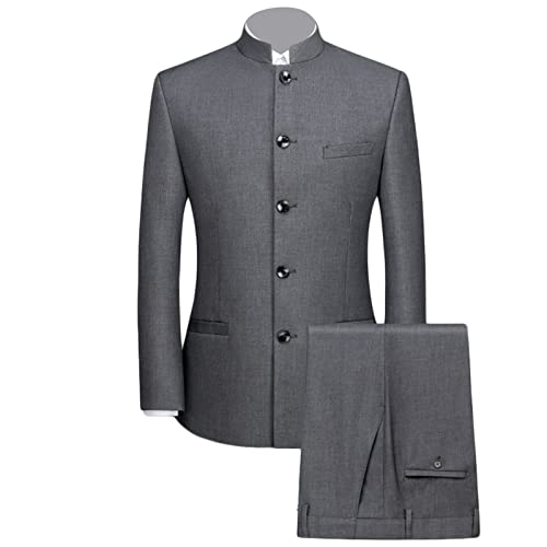 Men 2 Pieces Chinese Tunic Suit Mandarin Collar Blazer Set Button Jacket Pant Set Traditional...