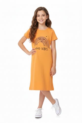 Image of Clotth Theory Girls Cotton Nightdress | Knee Length Nighty | Round Neck Short Sleeve Soft Sleepwear