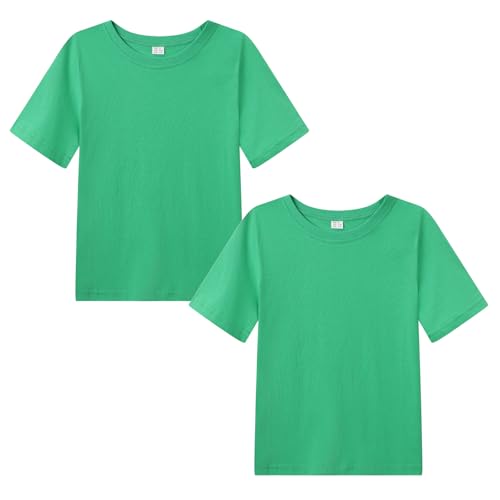 WinZero Kids Cotton T-Shirt Crew Neck Girls Boys T Shirts Summer Short School Tee Tops for Children 5-13 Years 2 Pack Green