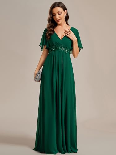 Image of Ever-Pretty Womens V Neck Applique Mother of the Bride Dresses Formal Dress | Chiffon, Short Sleeves, Ruched, A-Line, Bridesmaid Dresses, Formal Gown, Black Tie Dress