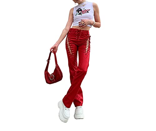 Womenâ€™s Sexy Y2K Pants Lace Up Slim Gothic Trouser Hollow Out High Waist Faux Leather Streetwear Leggings(Red S)