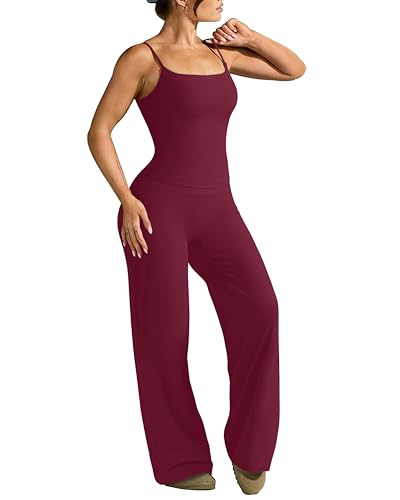 OMKAGI Workout Sets for Women Padded Tank Tops Matching Straight Leg Yoga Outfits(M,522-Red Plum)