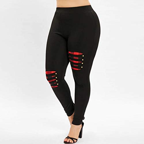Women Plus Size Yoga Pants High Waist Cutout Ripped Leggings Plaid Patchwork Bead Tummy Control Workout Running Skinny Tights #TOP6