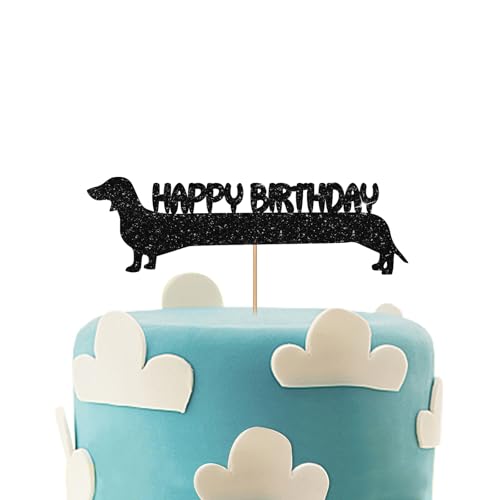 Dachshund Happy Birthday Cake Topper, Wiener Dog Birthday Cake Topper, Sausage Dog Cake Decoration for Pet Puppy Themed Party Supplies - Black Glitter
