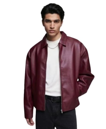 Gigavibe Men's Burgundy Leather Bomber Jacket, Zip-Up, Spread Collar, Casual Style-image-4