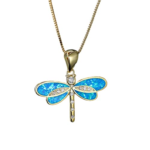 Collier libellule cristal bleu et pendentif opale plaqué or