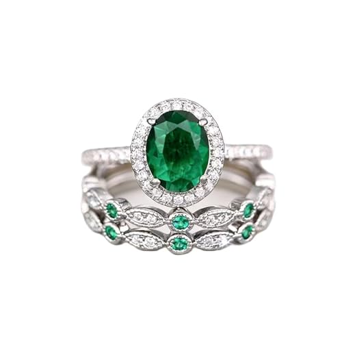 hsiyyecg Fashion Three-in-One Oval Halo Wedding Bands Set Engagement Rings Green Created Emerald Cubic Zirconia Promise Eternity Band for Women Size 6-10(6)