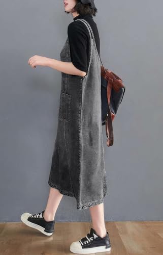 Image of ebossy Women's Sleeveless V Neck Denim Overall Jumper Dress Casual Loose Double Spaghetti Straps Midi Jean Dress