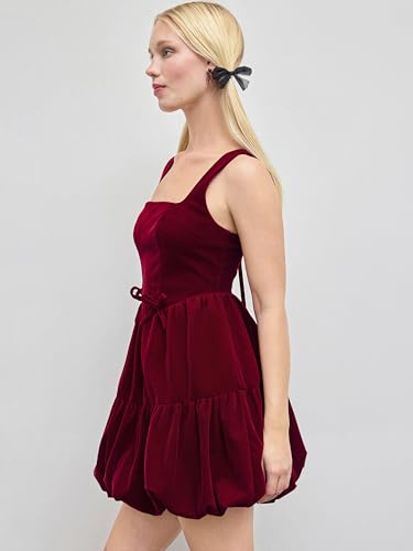 CIDER Mini Dress Velvet Lace Up Bowknot Square Neck A Line Dresses Party Cocktail Short Dresses for Women3