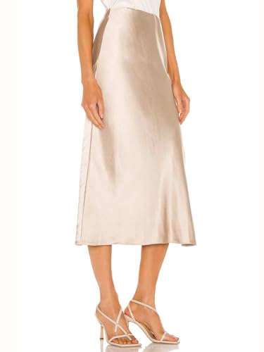 Women Satin Skirt Elastic Waistband Slit A Line Work Office Casual Midi Skirts4