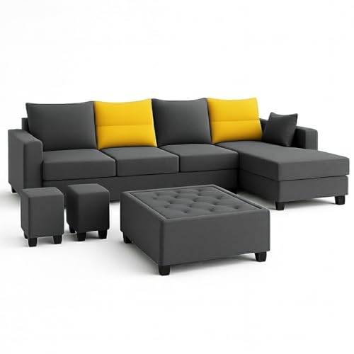 Image of CASASTYLE Texon 8 Seater Fabric RHS L Shape Sofa Set with 1 Centre Table & 2 Puffy (Yellow-Dark Grey) Velvet Finish | Comfortable Sectional Sofa for Living Room